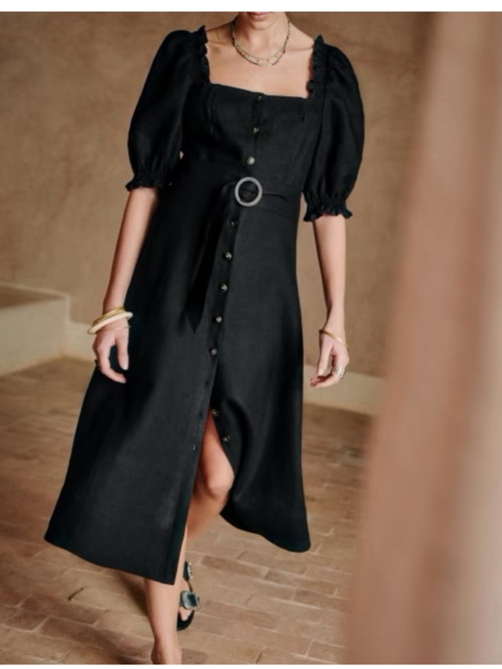 Sezane Winona Black Square-Neck Linen Midi Dress